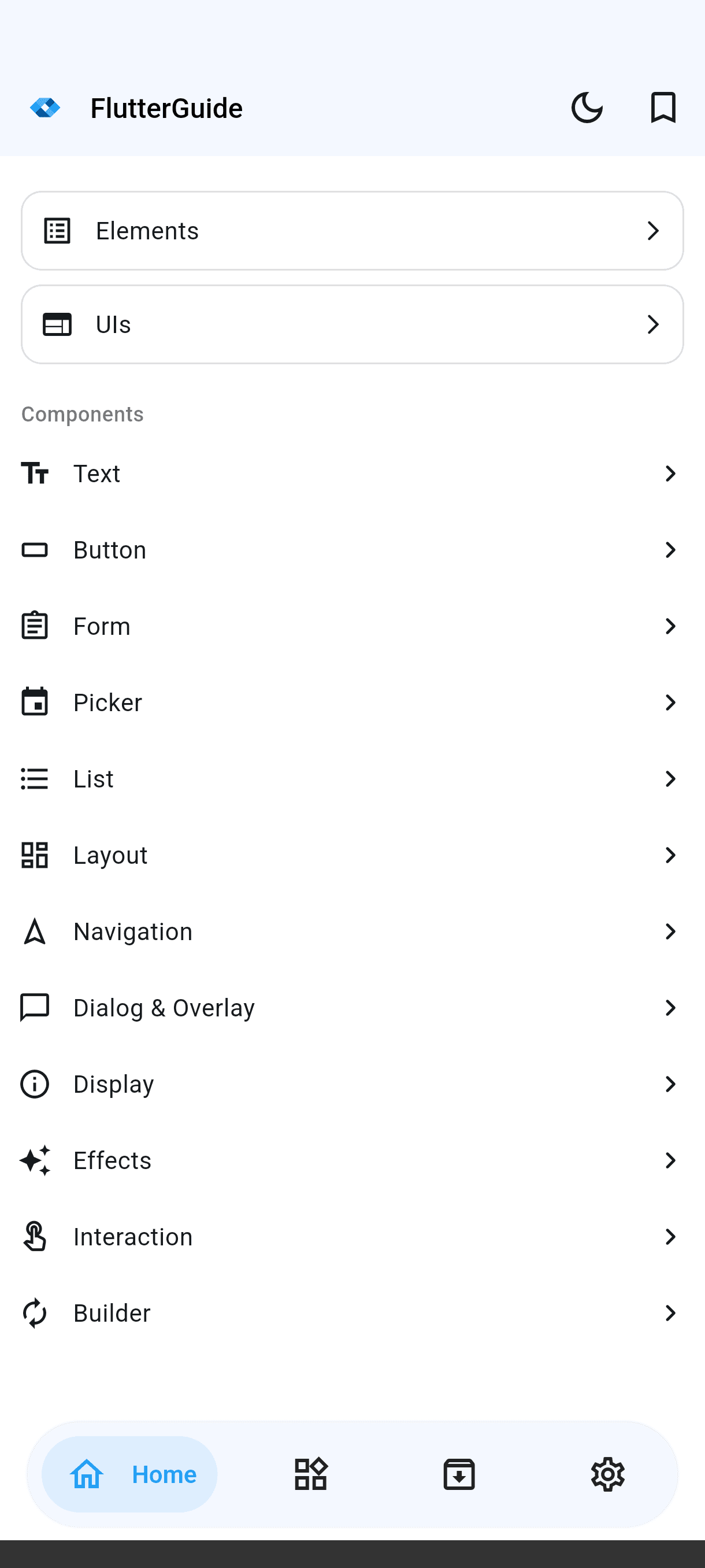 FlutterGuide's home screen, listing component groups like Text, Button, Form and Layout