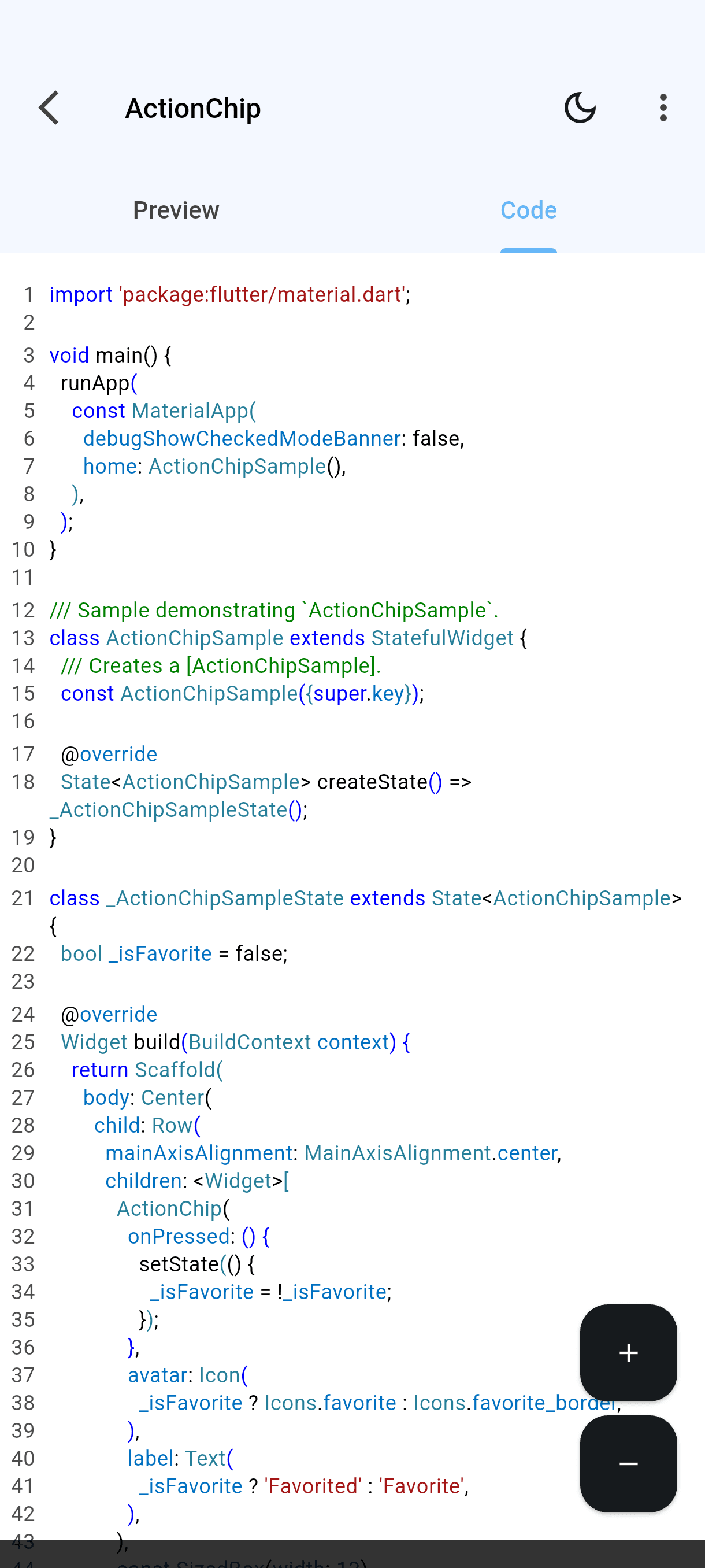 The source code of the ActionChip sample, with line numbers